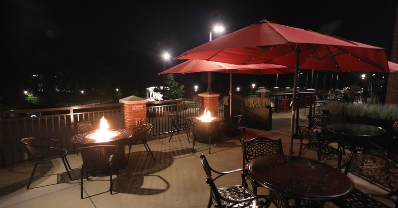 Outdoor seating area at night