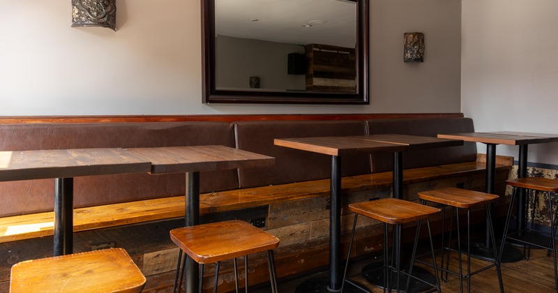 Bar area, tables, stools