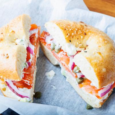 Smoked Salmon Bagel with cream cheese, capers and red onion.