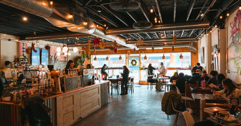 Interior, bar area with tables and chairs