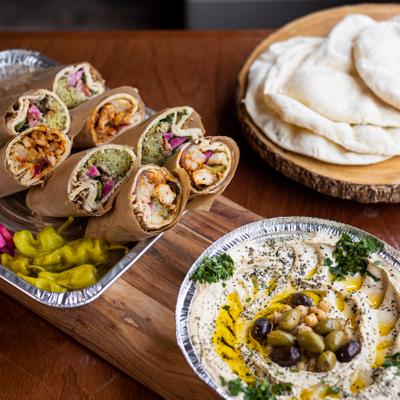 Various food on brown table