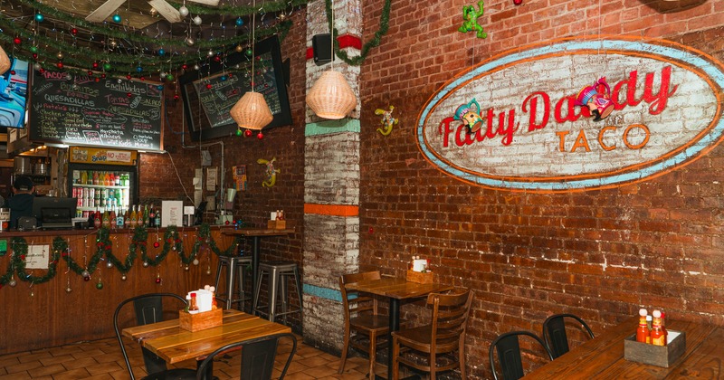 Interior, seating tables, and a bar counter