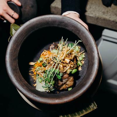 A gourmet meat dish topped with crunch and microgreens.