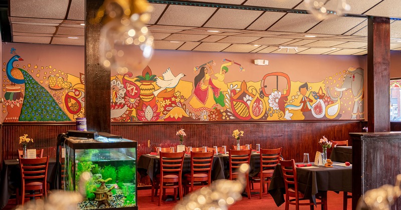 Interior, seating space, mural art