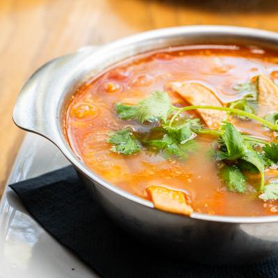 Vegan homemade spicy hominy soup.