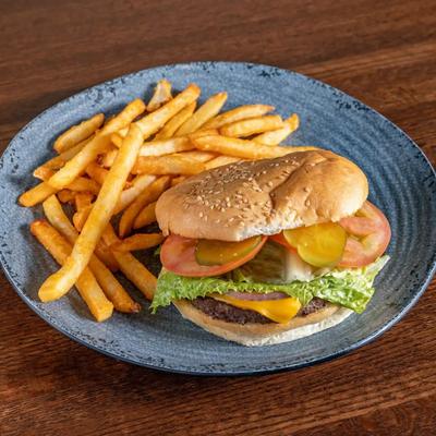 Cheeseburger with fries.