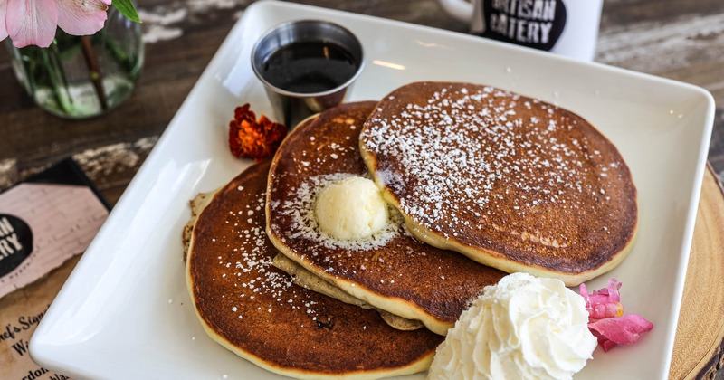 Buttermilk Pancakes, served with whipped butter and maple syrup