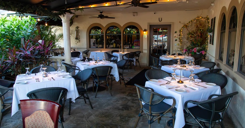 Exterior, covered patio with tables and chairs