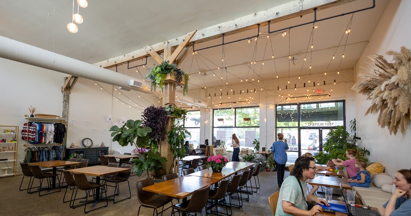 Spacious industrial-style interior seating area