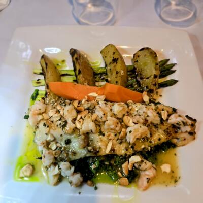 Grilled Trout topped With Diced Shrimp.