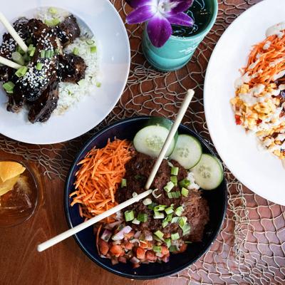 Multiple food plates top view.