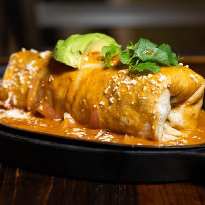 Surf & Turf Wet Burrito with Filet Mignon & Shrimp at 13 Tacos & Taps.