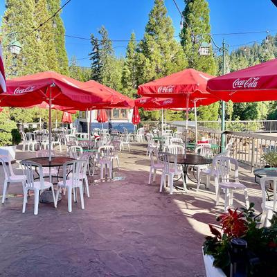 Exterior patio under the parasols.