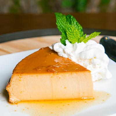 Traditional Flan, side view.