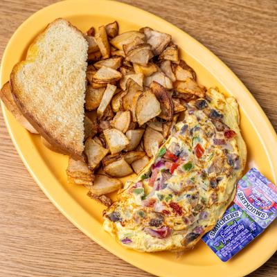 Veggie Omelet, Toast & Jelly, and Breakfast Potatoes.