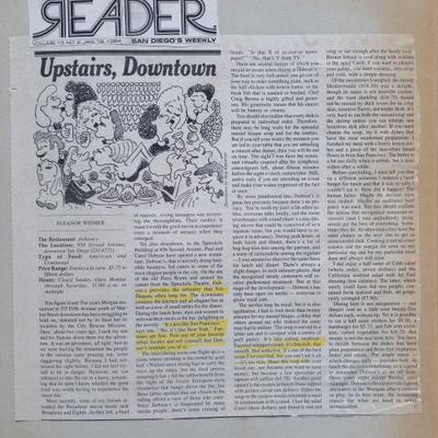 A newspaper article titled Upstairs, Downtown, accompanied by a caricature