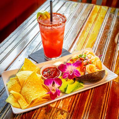 Shrimp ceviche and a drink.