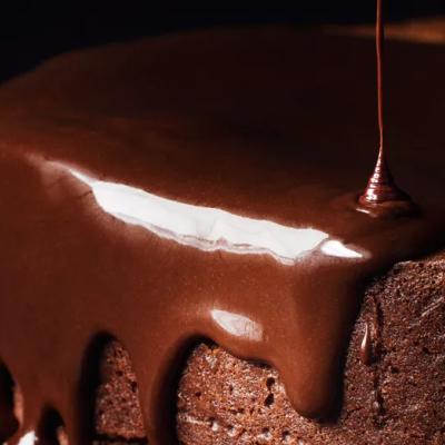 Extreme close up of a chocolate cake topped with a rich drizzle of chocolate sauce.