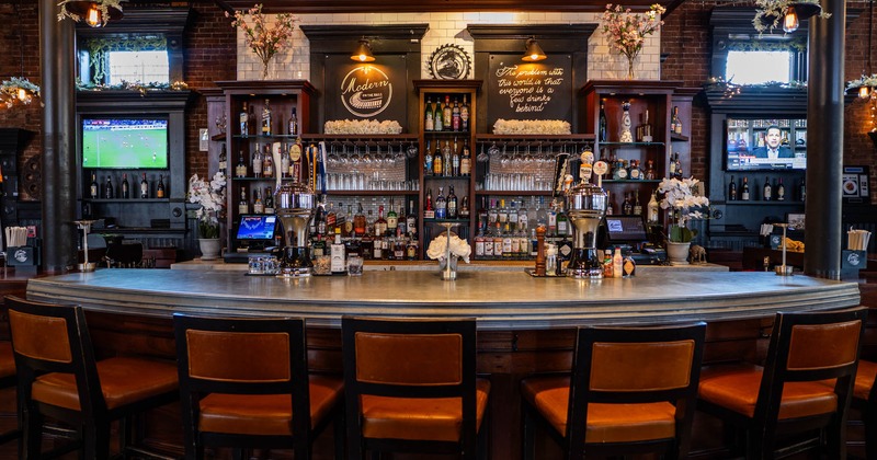 Interior, bar area and bar stools