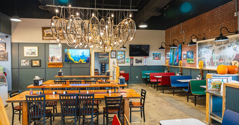 Inside, dining tables and seating