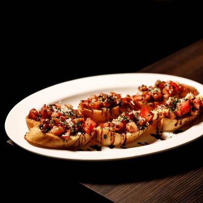 Tomato Bruschetta topped with grated cheese and balsamic glaze.