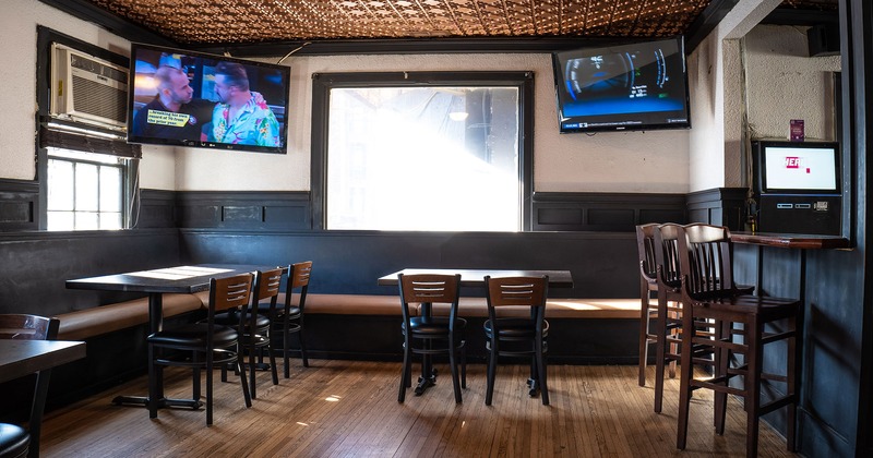 Interior, seating area, tables, chairs and seats, TV sets