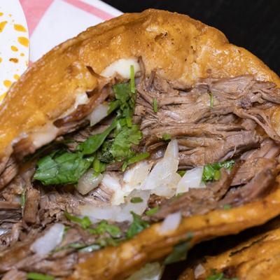 Beef birria taco, with onion and cilantro.