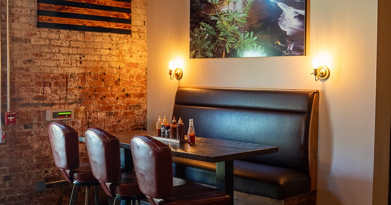 Booth, table, chairs, corner