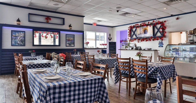 Interior, tables set and ready for guests