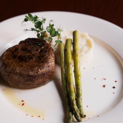 Filet Mignon, with mashed potatoes and asparagus.