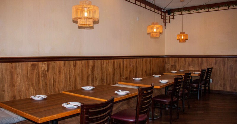 Interior, seating area with tables and chairs