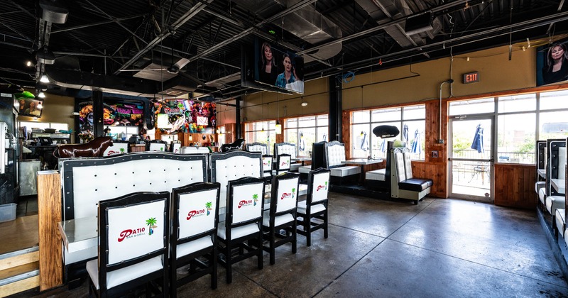 Interior of a restaurant with black-and-white seating