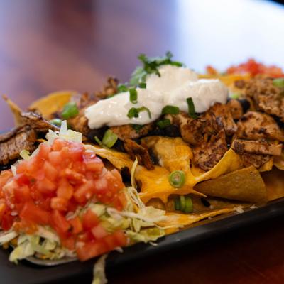 Loaded nachos, close-up.