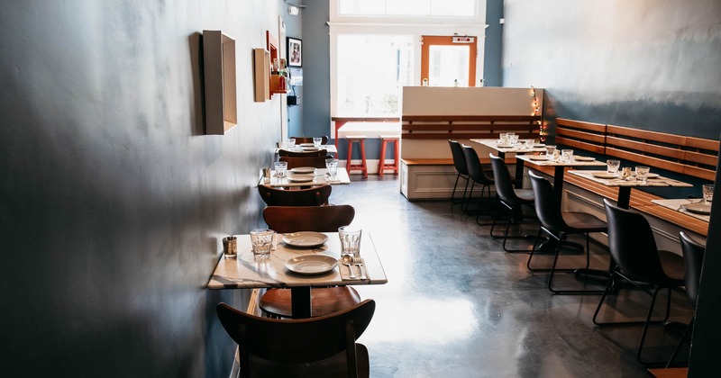 Interior, tables, chairs, benches, windows, glass doors