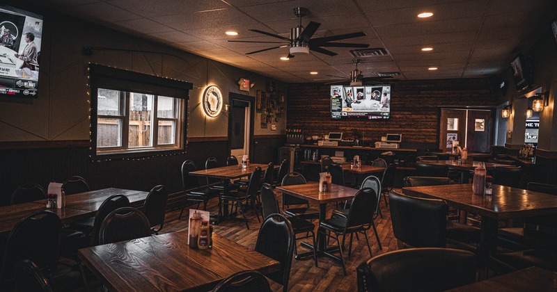 Interior, wide open view of a seating area