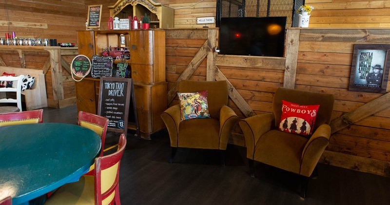 Interior, two armchairs and TV on the wall