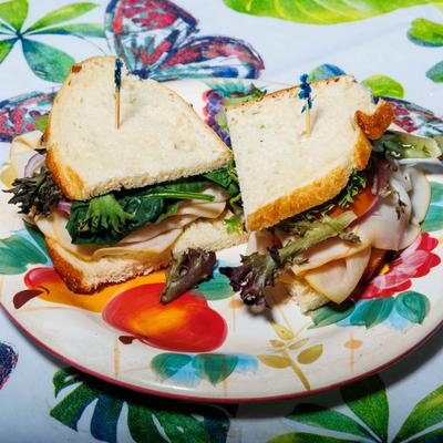 Turkey sandwich, served on a plate, front view.