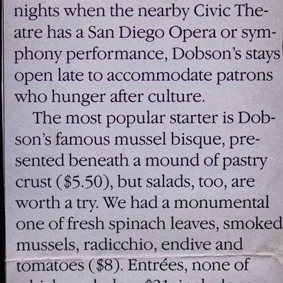 A newspaper review highlighting Dobson's mussel bisque