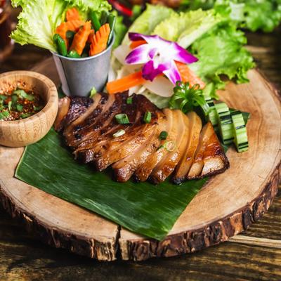 Grilled marinated pork jowl.