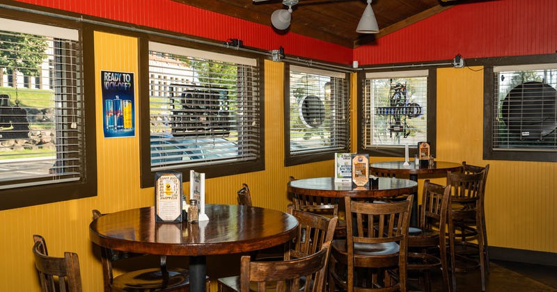 Interior space, tall tables and bar stools