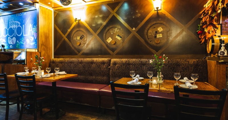 Inside, dining tables, chairs, booths