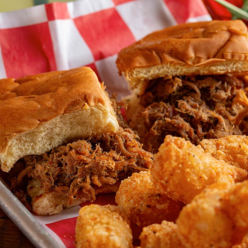 menu item 33 of 39, Pulled Pork or Smoked Chicken Sliders (2) & Tater Tots