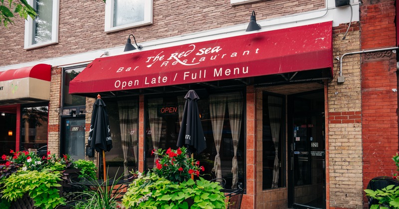 Exterior, angle view to front of restaurant. entrance