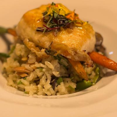 Halibut with mushroom risotto & citrus beurre blanc.