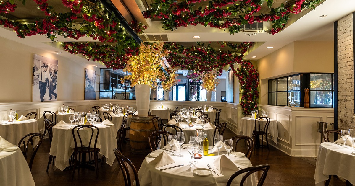 Restaurant interior, dining room with set tables
