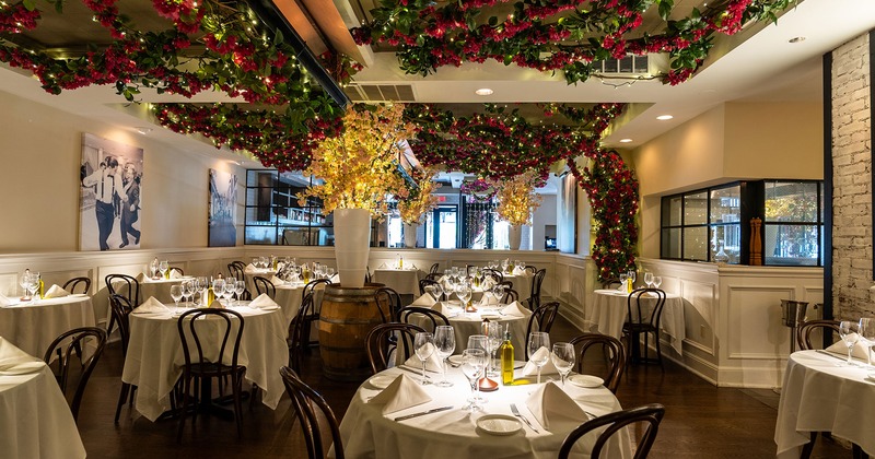 Restaurant interior, dining room with set tables