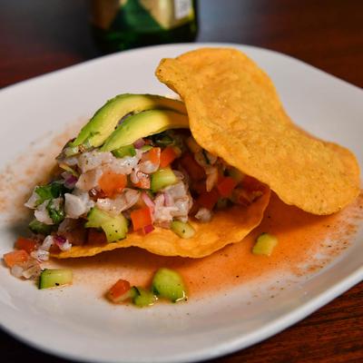 Shrimp ceviche tostada.