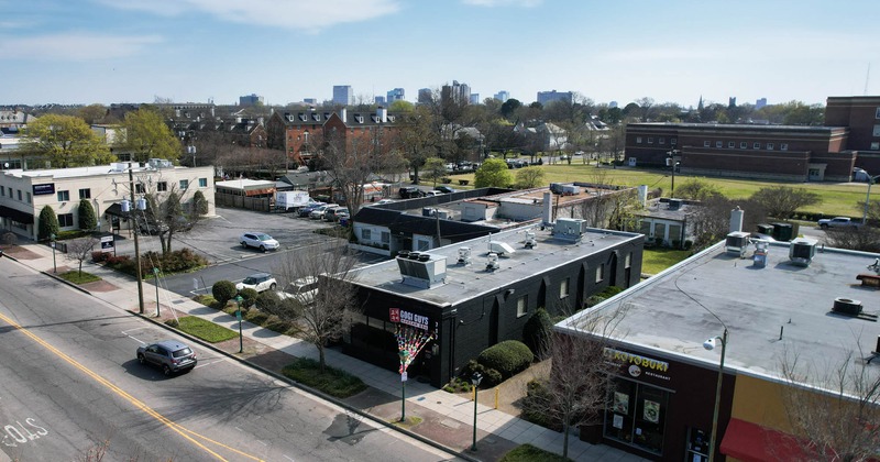 Exterior, aerial view of the restaurant and the neighborhood