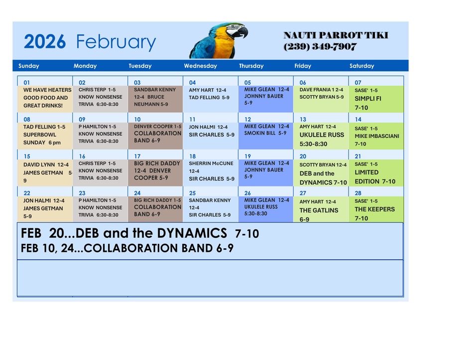 Tiki Hut Events Calendar 