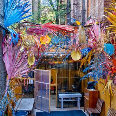 A colorfully decorated outdoor patio.